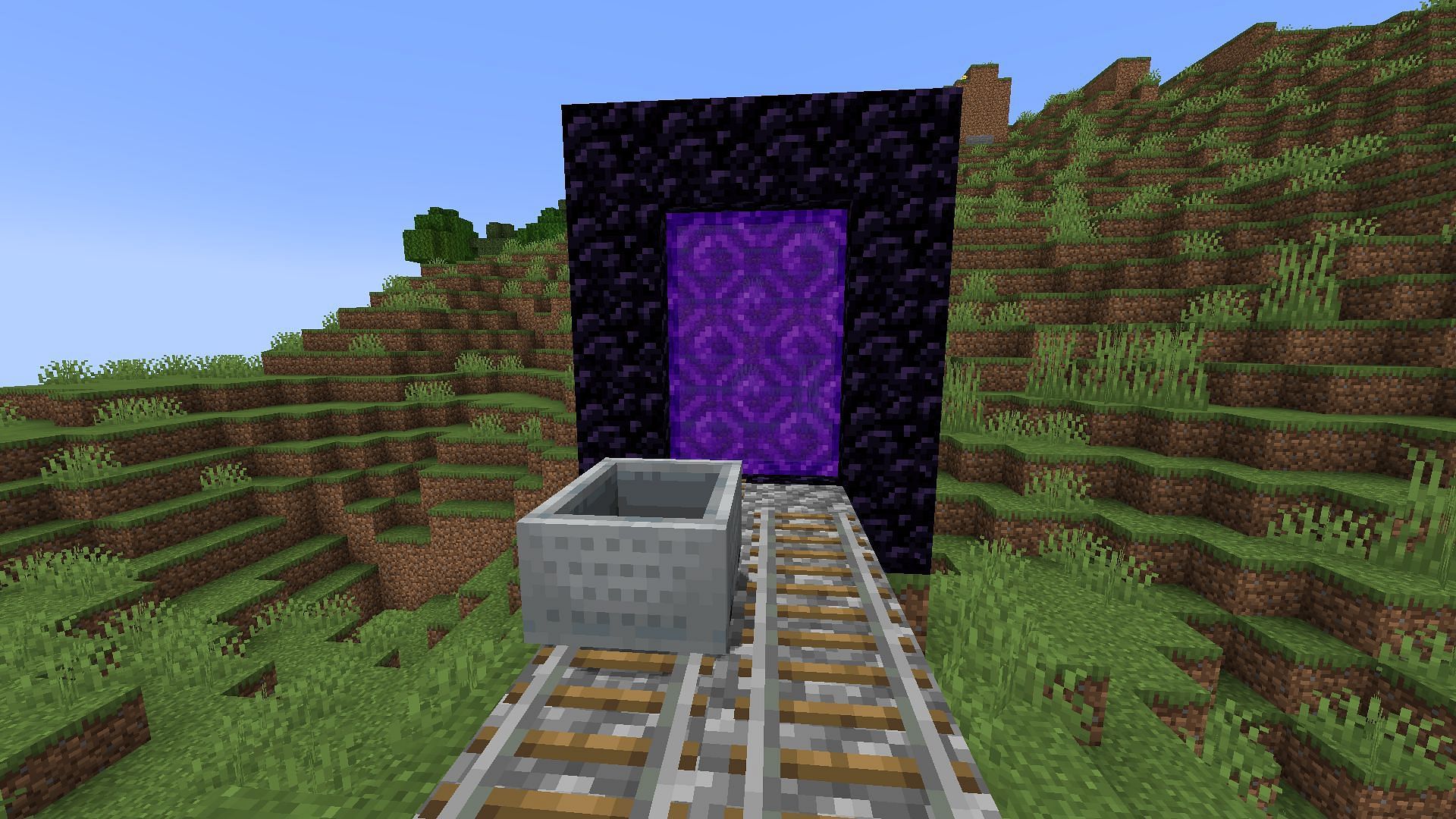 Players can travel through the Nether portal on a minecart (Image via Mojang Studios)